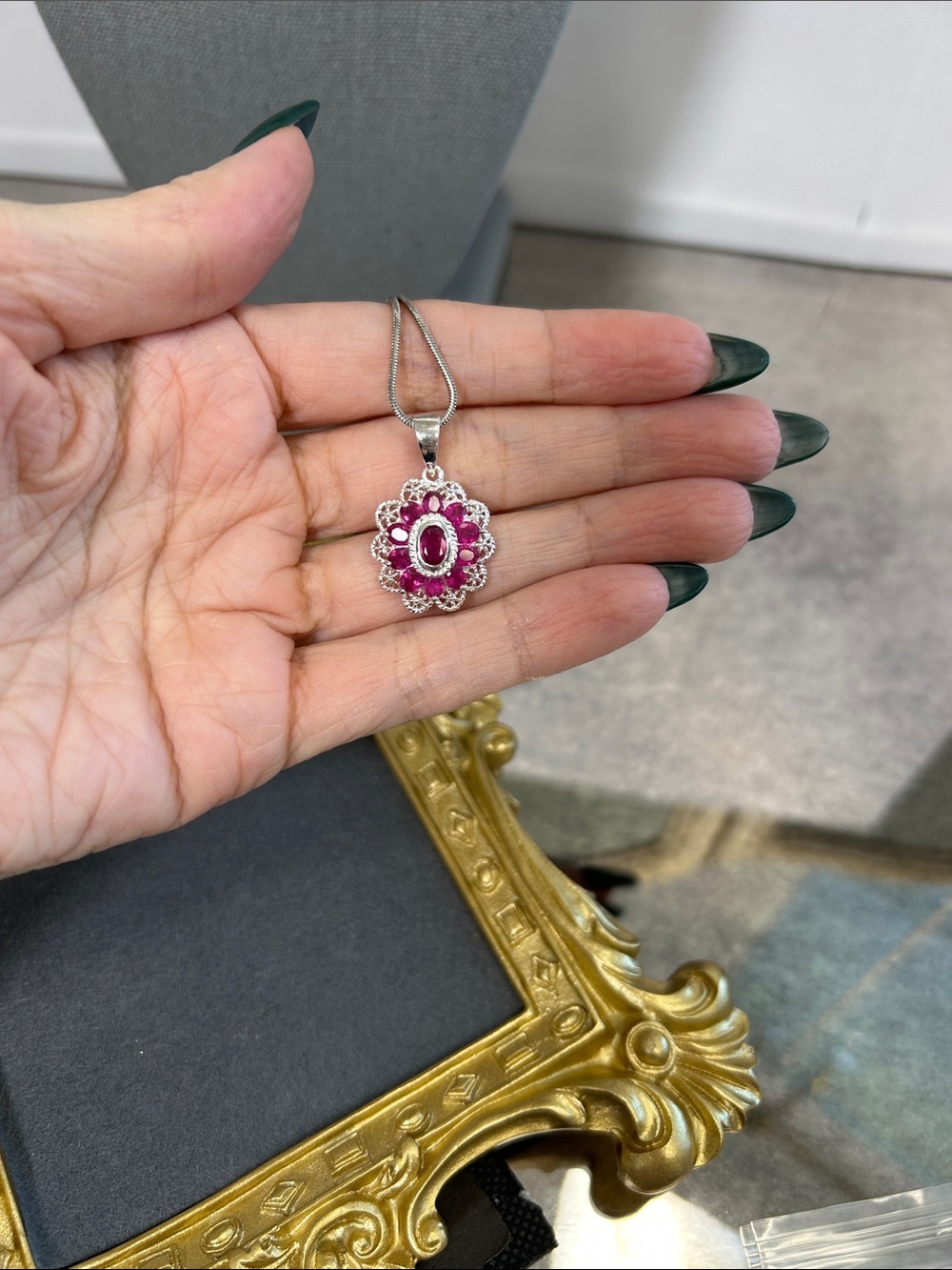 Elegant 925 Silver Necklace with Ruby Gemstone Floral Pendant